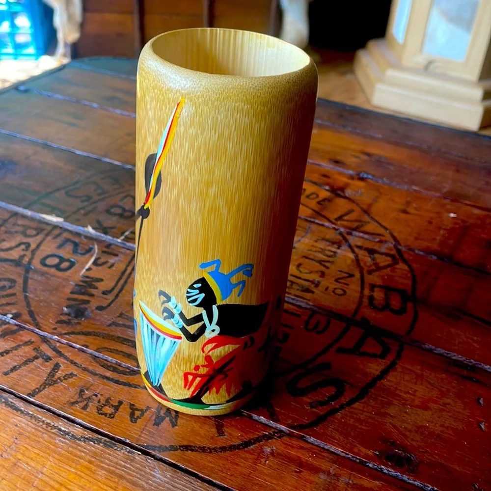 African hand‎ painted folkart wood vase
